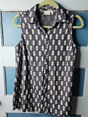 Kim Rogers Sleeveless Pineapple Button-Down Top - Navy & White Small